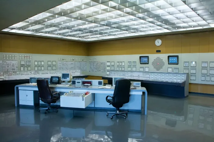 A plant control room with operator desks facing a wall of panels.