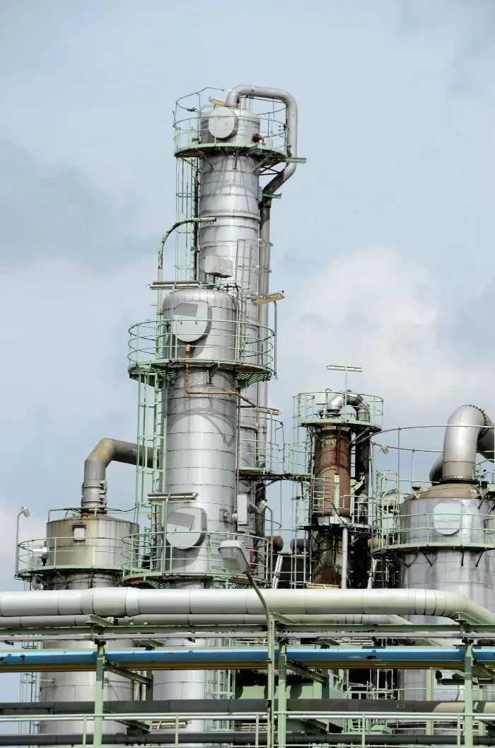 Steel process columns and pipework at a chemical plant under a pale sky.
